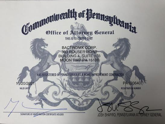 Pennsylvania Home Improvement Contractor certificate of mold removal services provider Bactronix, which services Pittsburgh, PA